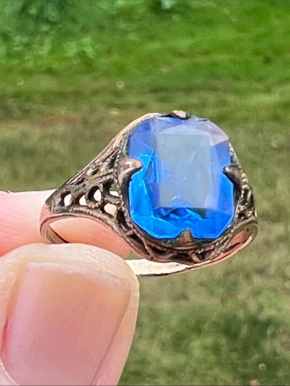 Antique Art Deco Clark & Coombs Rolled Gold Plated Blue Paste Faceted Glass Ring